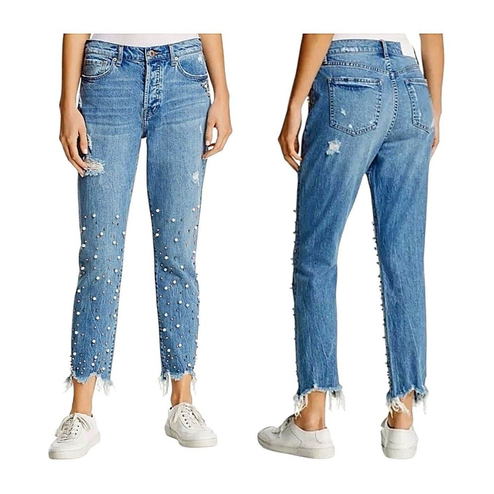 Pistola Faux Pearl Embellished Jeans Distressed Raw Hem In La Lux